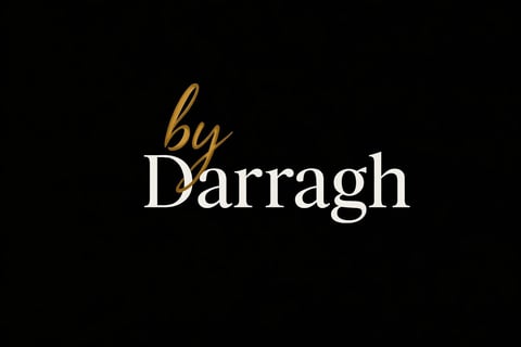 Logo with by Darragh text in gold and white script on black background