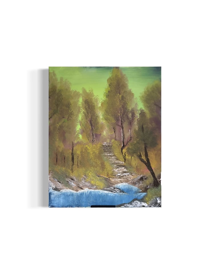 Oil painting of a serene forest landscape with tall evergreen trees lining a blue stream under a green sky