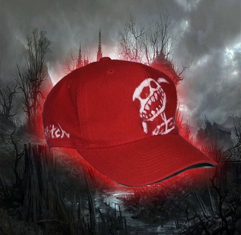 Giant glowing red baseball cap looming over a dark, desolate landscape with bare trees and stormy sky