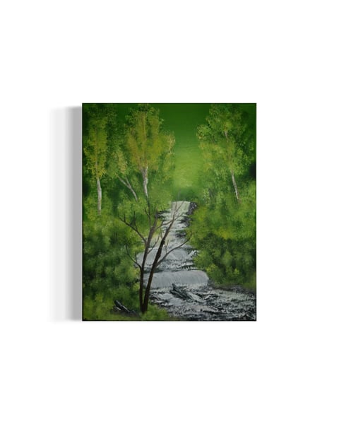 Canvas painting of a winding stream flowing through a lush green forest with birch trees on a white background