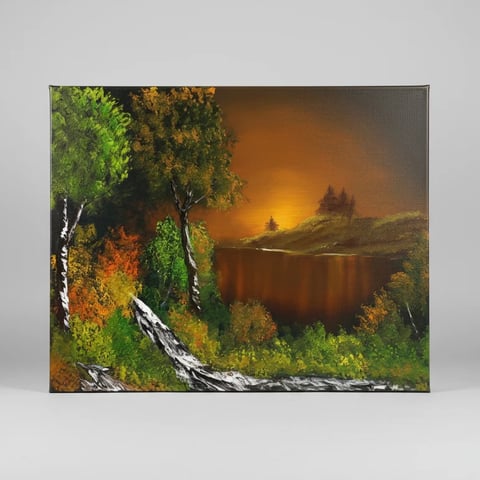 Oil painting of a serene lake at sunset surrounded by birch trees and autumn foliage with golden sky reflection