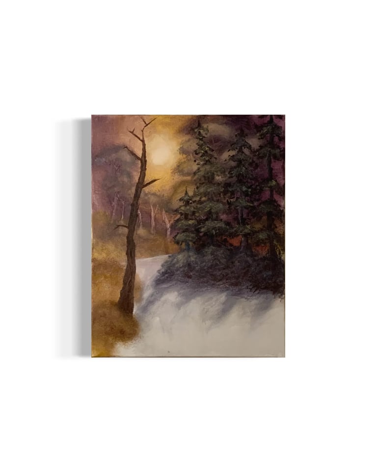 Misty forest landscape painting with golden sunlight filtering through bare trees and dense evergreens along a snowy stream