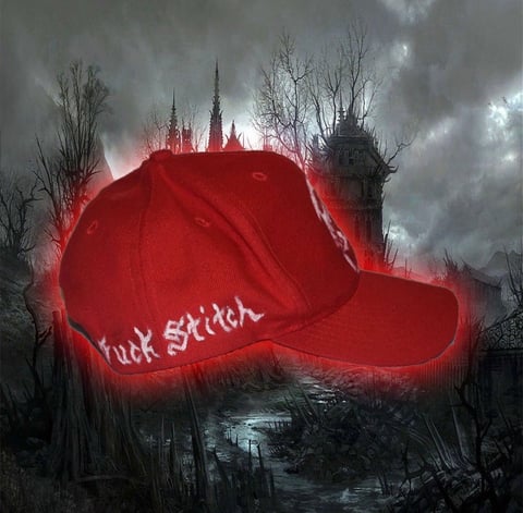 Red neon glowing baseball cap with fuck stitch text hovering over dark London skyline with Big Ben and bare trees
