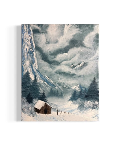 Winter landscape painting featuring snow-covered valley with wooden cabin, evergreen trees, and dramatic cliff face under cloudy sky