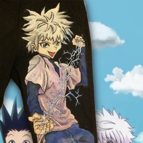 Anime character with spiky white hair wearing a blue and purple outfit on black fabric, displayed against a blue sky background